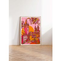 Prag Wandkunst | Reise Druck Rosa Zeichnung Helles Wohndekor Dekor Geschenk Reisekunst Europa Art von FreyaNiamhDesignShop