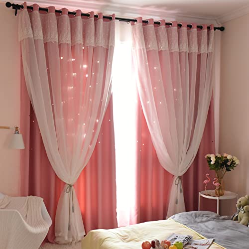 Freyamy 2er-Set Gardinen Mädchen Rosa Glänzend Sterne Spitze Vorhänge mit Ösen Halbtransparent,Kinderzimmer Vorhang für Schlafzimmer Wohnzimmer Verdunkelungsvorhang 270 x 132 cm (HxB) von Freyamy