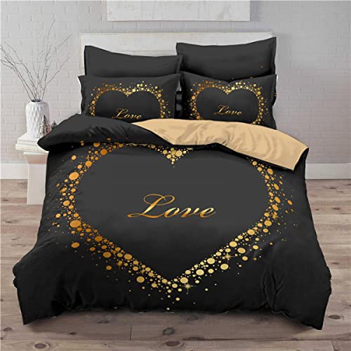 Freyamy 3D Aesthetic Bettwäsche 135x200cm 2teilig Schwarz Gold Herzmotiv Liebe Modern Mikrofaser Kinderbettwäsche Weiche Bequem Einzelbett Bettbezug mit Reißverschluss und Kissenbezug 80x80cm von Freyamy