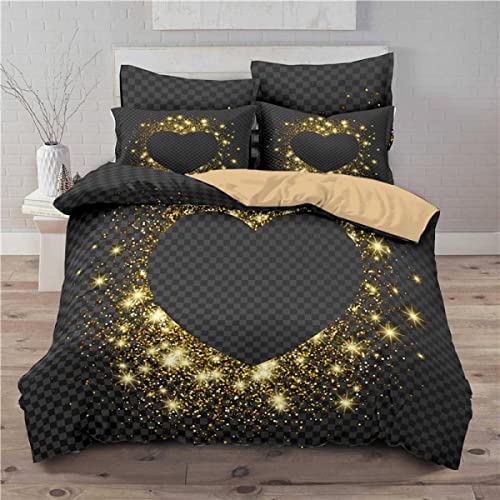 Freyamy 3D Aesthetic Bettwäsche 135x200cm 2teilig Schwarz Gold Herzmotiv Liebe Modern Mikrofaser Kinderbettwäsche Weiche Bequem Einzelbett Bettbezug mit Reißverschluss und Kissenbezug 80x80cm von Freyamy