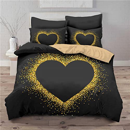 Freyamy 3D Aesthetic Bettwäsche 135x200cm 2teilig Schwarz Gold Herzmotiv Liebe Modern Mikrofaser Kinderbettwäsche Weiche Bequem Einzelbett Bettbezug mit Reißverschluss und Kissenbezug 80x80cm von Freyamy