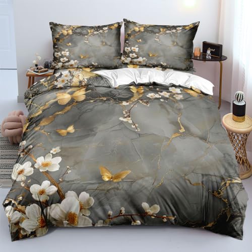 Freyamy 3D Bettwäsche 135x200cm 2teilig Grau Gold Weiß Blumen Schmetterling Bettwäsche Marmor Luxus Bettwaren-Sets 100% Microfaser Mädchen Bettbezug mit Reißverschluss und Kissenbezug 80x80cm von Freyamy