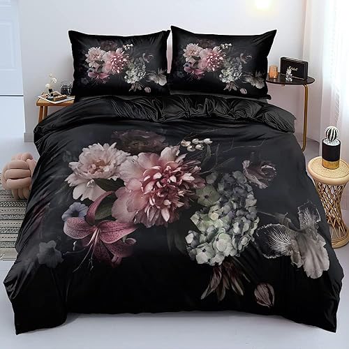 Freyamy 3D Blüten Bettwäsche 135x200cm 2teilig Schwarz Rosa Blumen Bettwäsche Romantisch Floral Mädchen Bettwaren-Sets 100% Microfaser Bettbezug mit Reißverschluss und Kissenbezug 80x80cm von Freyamy