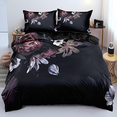 Freyamy 3D Blüten Bettwäsche 135x200cm 2teilig Schwarz Violett Blumen Bettwäsche Romantisch Floral Mädchen Bettwaren-Sets 100% Microfaser Bettbezug mit Reißverschluss und Kissenbezug 80x80cm von Freyamy