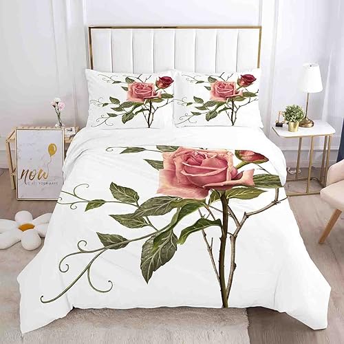 Freyamy 3D Blüten Bettwäsche 135x200cm 2teilig Weiß Rosa Blumen Bettwäsche Romantisch Floral Mädchen Bettwaren-Sets 100% Microfaser Bettbezug mit Reißverschluss und Kissenbezug 80x80cm von Freyamy