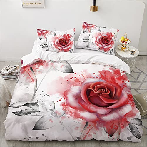 Freyamy 3D Blüten Bettwäsche 155x220cm 2teilig Weiß Rot Blumen Bettwäsche Romantisch Floral Mädchen Bettwaren-Sets 100% Microfaser Bettbezug mit Reißverschluss und Kissenbezug 80x80cm von Freyamy
