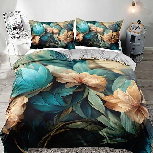 Freyamy 3D Blüten Bettwäsche 220x240cm 3teilig Grün Beige Blumen Bettwäsche Romantisch Floral Mädchen Bettwaren-Sets 100% Microfaser Bettbezug mit Reißverschluss und 2 Kissenbezug 80x80cm von Freyamy