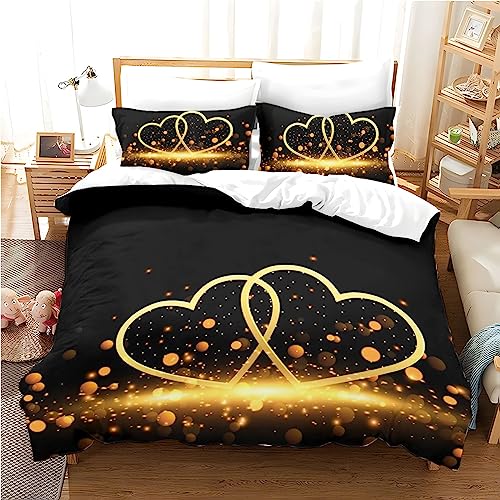 Freyamy 3D Herz Bettwäsche 135x200cm 4teilig Schwarz Gold Herzmotiv Liebe Luxus Bettwaren-Sets Mikrofaser Weiche Bettwäsche Bettbezug 2 Bettdeckenbezüge mit Reißverschluss und 2 Kissenbezug 80x80cm von Freyamy