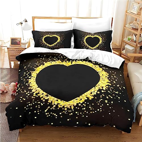 Freyamy 3D Herz Bettwäsche 135x200cm 4teilig Schwarz Gold Herzmotiv Liebe Luxus Bettwaren-Sets Mikrofaser Weiche Bettwäsche Bettbezug 2 Bettdeckenbezüge mit Reißverschluss und 2 Kissenbezug 80x80cm von Freyamy