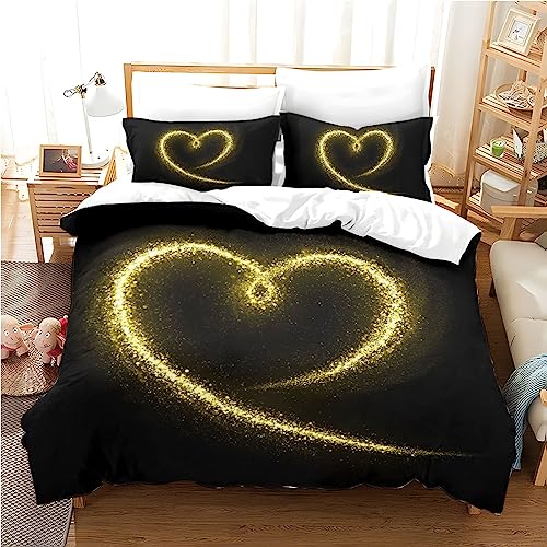 Freyamy 3D Herz Bettwäsche 155x220cm 2teilig Schwarz Gold Herzmotiv Liebe Luxus Bettwaren-Sets Mikrofaser Weiche Kinderbettwäsche Mädchen Bettbezug mit Reißverschluss und Kissenbezug 80x80cm von Freyamy