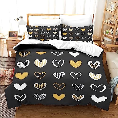 Freyamy 3D Herz Bettwäsche 200x200cm 3teilig Schwarz Gold Herzmotiv Liebe Luxus Bettwaren-Sets Mikrofaser Weiche Kinderbettwäsche Mädchen Bettbezug mit Reißverschluss und 2 Kissenbezug 80x80cm von Freyamy