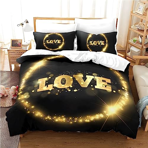 Freyamy 3D Herz Bettwäsche 200x200cm 3teilig Schwarz Gold Herzmotiv Liebe Luxus Bettwaren-Sets Mikrofaser Weiche Kinderbettwäsche Mädchen Bettbezug mit Reißverschluss und 2 Kissenbezug 80x80cm von Freyamy