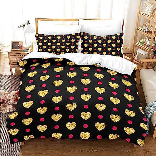 Freyamy 3D Herz Bettwäsche 200x200cm 3teilig Schwarz Gold Rosa Herzmotiv Liebe Luxus Bettwaren-Sets Mikrofaser Weiche Kinderbettwäsche Mädchen Bettbezug mit Reißverschluss und 2 Kissenbezug 80x80cm von Freyamy