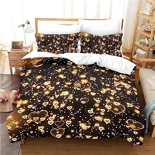 Freyamy 3D Herz Bettwäsche 220x240cm 3teilig Schwarz Gold Herzmotiv Liebe Luxus Bettwaren-Sets Mikrofaser Weiche Kinderbettwäsche Mädchen Bettbezug mit Reißverschluss und 2 Kissenbezug 80x80cm von Freyamy