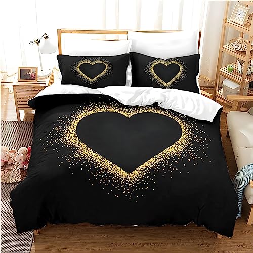 Freyamy 3D Herz Bettwäsche 220x240cm 3teilig Schwarz Gold Herzmotiv Liebe Luxus Bettwaren-Sets Mikrofaser Weiche Kinderbettwäsche Mädchen Bettbezug mit Reißverschluss und 2 Kissenbezug 80x80cm von Freyamy