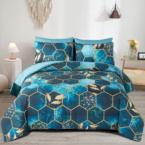 Freyamy 3D Marmor Bettwäsche 135x200cm 2teilig Blau Gold Geometrische Marmormuster Luxus Bettwäsche 100% Mikrofaser Bettwaren-Sets Weiche Bettbezug mit Reißverschluss und Kissenbezug 80x80cm von Freyamy