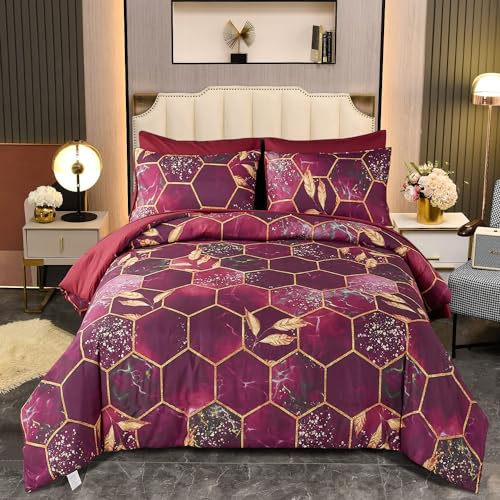 Freyamy 3D Marmor Bettwäsche 135x200cm 2teilig Rot Gold Geometrische Marmormuster Luxus Bettwäsche 100% Mikrofaser Bettwaren-Sets Weiche Bettbezug mit Reißverschluss und Kissenbezug 80x80cm von Freyamy