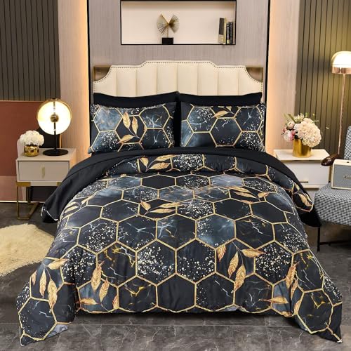 Freyamy 3D Marmor Bettwäsche 135x200cm 2teilig Schwarz Gold Geometrische Marmormuster Luxus Bettwäsche 100% Mikrofaser Bettwaren-Sets Weiche Bettbezug mit Reißverschluss und Kissenbezug 80x80cm von Freyamy