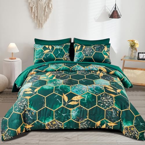 Freyamy 3D Marmor Bettwäsche 200x200cm 3teilig Grün Gold Geometrische Marmormuster Luxus Bettwäsche 100% Mikrofaser Bettwaren-Sets Weiche Bettbezug mit Reißverschluss und 2 Kissenbezug 80x80cm von Freyamy