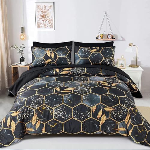 Freyamy 3D Marmor Bettwäsche 200x200cm 3teilig Schwarz Gold Geometrische Marmormuster Luxus Bettwäsche 100% Mikrofaser Bettwaren-Sets Weiche Bettbezug mit Reißverschluss und 2 Kissenbezug 80x80cm von Freyamy