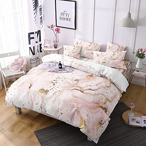 Freyamy Bettwäsche 135x200 2tlg Rosa Gold Marmor Optik Modern Bettwäsche Set Mikrofaser Wendebettwäsche Set Luxus Einzelbett 1 Bettbezüge mit Reißverschlüsse und 1 Kissenbezug 80x80 von Freyamy