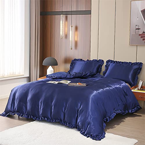 Freyamy Bettwäsche 135x200 Glatt Luxus Seide Bettwäsche Set Blau Dunkelblau Einfarbig Rüschen Romantisch Sommer Bettwäsche Sets 1 Bettbezüge und Kissenbezug 80x80 mit Reißverschlüsse von Freyamy