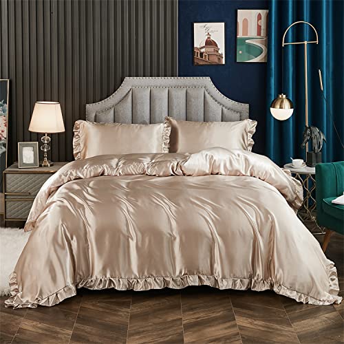 Freyamy Bettwäsche 135x200 Glatt Luxus Seide Bettwäsche Set Khaki Champagne Einfarbig Rüschen Romantisch Sommer Bettwäsche Sets 1 Bettbezüge und Kissenbezug 80x80 mit Reißverschlüsse von Freyamy