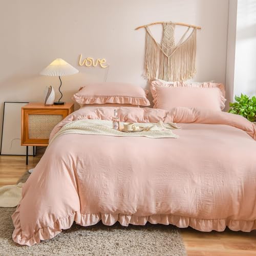 Freyamy Bettwäsche 135x200cm 2teilig Rosa Rüschen Romantisch Mädchen Bettwäsche Uni Plisseefalten Chic Bettwaren-Sets Gewaschene Microfaser Bettbezug mit Reißverschluss und Kissenbezug 80x80cm von Freyamy