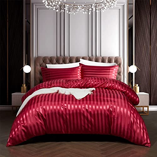 Freyamy Bettwäsche 135x200cm 2teilig Rot Satin Glänzend Gestreift Bettwaren-Sets Uni Seide Glatt Luxus Bettwäsche Sommer Kühlender Bettbezug mit Reißverschluss und Kissenbezug 80x80cm von Freyamy