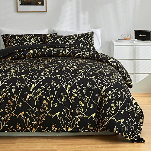 Freyamy Bettwäsche 135x200cm 2teilig Schwarz Gold Blumen Glitzermuster Bettwaren-Sets Gebürstet Mikrofaser Weiche Wendebettwäsche Luxus Bettbezug mit Reißverschluss und Kissenbezug 80x80cm von Freyamy