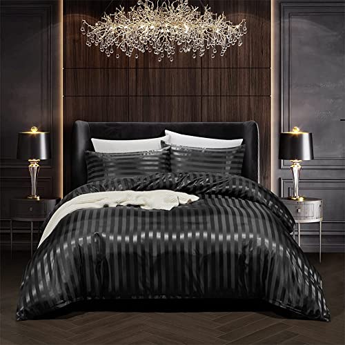 Freyamy Bettwäsche 135x200cm 2teilig Schwarz Satin Glänzend Gestreift Bettwaren-Sets Uni Seide Glatt Luxus Bettwäsche Sommer Kühlender Bettbezug mit Reißverschluss und Kissenbezug 80x80cm von Freyamy