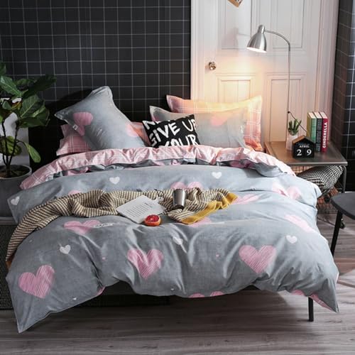 Freyamy Bettwäsche 155x220cm 2teilig Grau Rosa Herz Bettwaren-Sets Gebürstet Microfaser Weiche Wendebettwäsche Romantisch Einzelbett Bettbezug mit Reißverschluss und Kissenbezug 80x80cm von Freyamy