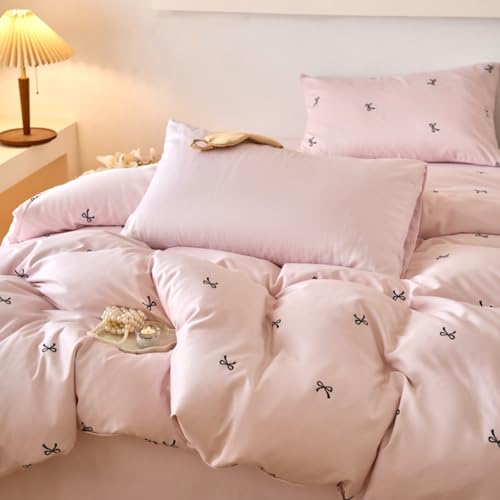 Freyamy Bettwäsche 155x220cm 2teilig Rosa Schwarz Schleife Mädchen Bettwaren-Sets Microfaser Fliege Wende Kinder Deckenbezug 1 Bettbezug mit Reißverschluss und 1 Kissenbezug 80x80c von Freyamy