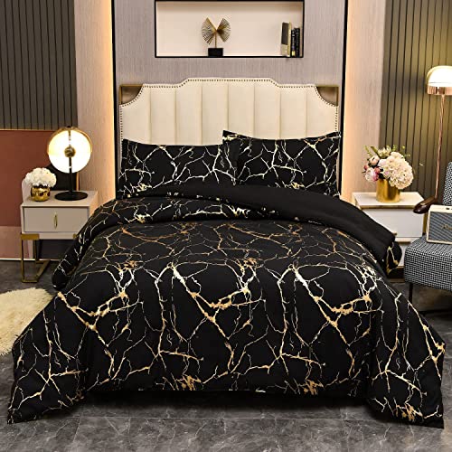 Freyamy Bettwäsche 155x220cm 2teilig Schwarz Gold Marmor Glitzermuster Bettwaren-Sets Gebürstet Mikrofaser Weiche Wendebettwäsche Luxus Bettbezug mit Reißverschluss und 1 Kissenbezug 80x80cm von Freyamy