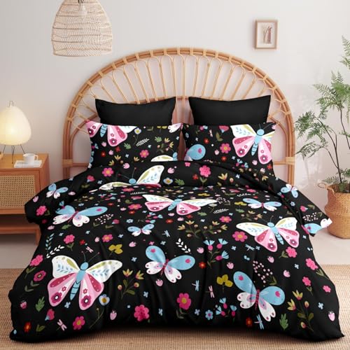 Freyamy Bettwäsche 155x220cm 2teilig Schwarz Rosa Bunt Schmetterling Florale Mädchen Wendebettwäsche Set Blumen Schmetterlingsmotiv Microfaser Bettbezug mit Reißverschluss und Kissenbezug 80x80cm von Freyamy