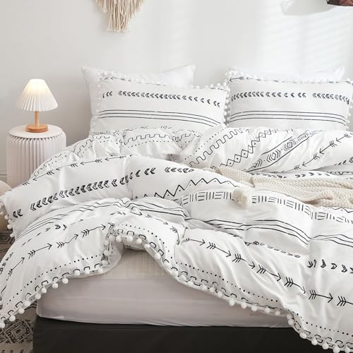 Freyamy Bettwäsche 155x220cm 2teilig Schwarz Weiß Gestreift Pompons Boho Wendebettwäsche Microfaser Weiche Bettwaren-Sets Bohemian Bettbezug mit Reißverschluss und Kissenbezug 80x80cm von Freyamy