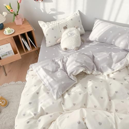 Freyamy Bettwäsche 155x220cm 2teilig Weiß Grau Herz Mädchen Bettwaren-Sets Romantisch Liebe Wendebettwäsche 100% Microfaser Liebesmotiv Bettbezug mit Reißverschluss und Kissenbezug 80x80cm von Freyamy