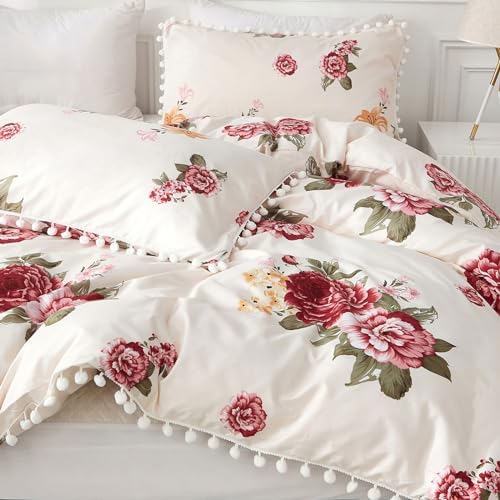 Freyamy Bettwäsche 155x220cm 2teilig Weiß Rot Bunt Blumen Pompons Wendebettwäsche Microfaser Weiche Bettwaren-Sets Romantisch Mädchen Bettbezug mit Reißverschluss und Kissenbezug 80x80cm von Freyamy