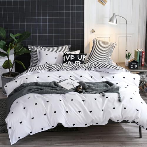 Freyamy Bettwäsche 155x220cm 2teilig Weiß Schwarz Herz Bettwaren-Sets Gebürstet Microfaser Weiche Wendebettwäsche Romantisch Einzelbett Bettbezug mit Reißverschluss und Kissenbezug 80x80cm von Freyamy