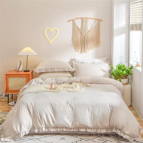 Freyamy Bettwäsche 200x200cm 3teilig Beige Rüschen Romantisch Mädchen Bettwäsche Uni Plisseefalten Chic Bettwaren-Sets Gewaschene Microfaser Bettbezug mit Reißverschluss und 2 Kissenbezug 80x80cm von Freyamy