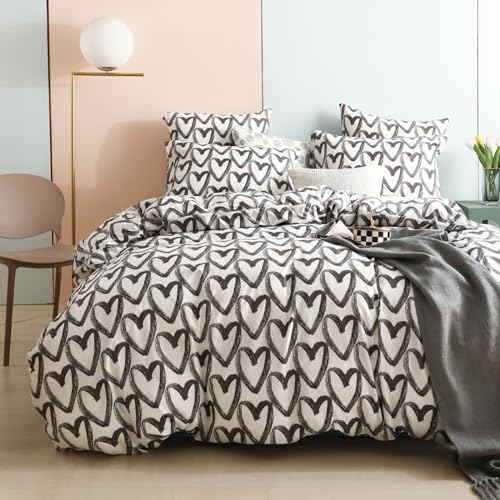 Freyamy Bettwäsche 200x200cm 3teilig Schwarz Weiß Herz Bettwaren-Sets Gebürstet 100% Microfaser Wendebettwäsche Romantisch Doppelbett Bettbezug mit Reißverschluss und 2 Kissenbezug 80x80cm von Freyamy