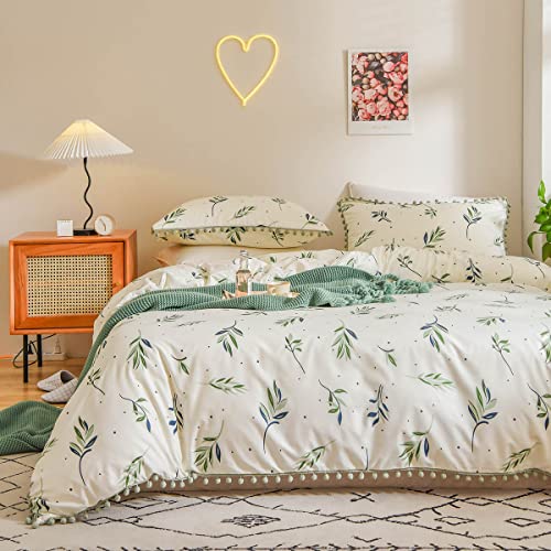 Freyamy Bettwäsche 200x200cm 3teilig Weiß Grün Blumen Pompons Wendebettwäsche Microfaser Weiche Bettwaren-Sets Romantisch Mädchen Bettbezug mit Reißverschluss und 2 Kissenbezug 80x80cm von Freyamy