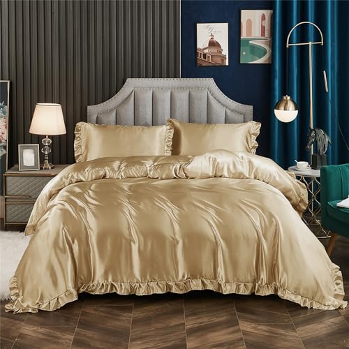 Freyamy Bettwäsche 200x220 Glatt Luxus Seide Bettwäsche Set Khaki Champagne Einfarbig Rüschen Romantisch Sommer Bettwäsche Sets 1 Bettbezüge und 2 Kissenbezug 80x80 mit Reißverschlüsse von Freyamy