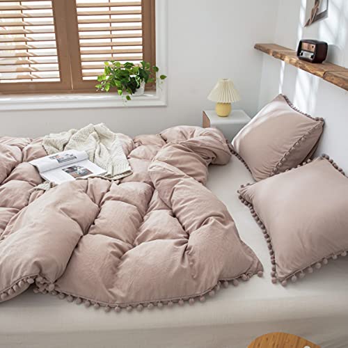 Freyamy Böhmen Bettwäsche 200x220cm 3teilig Khaki Pom Pom Quaste Boho Chic Bettwäsche Gewaschene Microfaser Bettwaren-Sets Fransen Mädchen Bettbezug mit Reißverschluss und 2 Kissenbezug 80x80cm von Freyamy