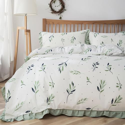 Freyamy Bettwäsche 200x220cm 3teilig Weiß Grün Blumen Rüschen Wendebettwäsche Microfaser Weiche Bettwaren-Sets Romantisch Mädchen Bettbezug mit Reißverschluss und 2 Kissenbezug 80x80cm von Freyamy