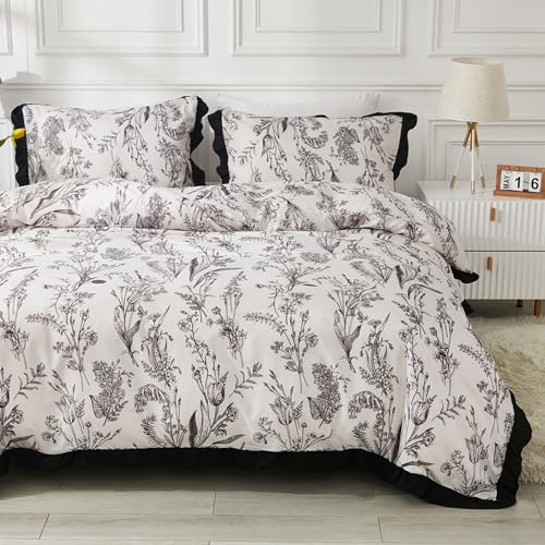 Freyamy Bettwäsche 200x220cm 3teilig Weiß Schwarz Blumen Rüschen Wendebettwäsche Microfaser Weiche Bettwaren-Sets Romantisch Mädchen Bettbezug mit Reißverschluss und 2 Kissenbezug 80x80cm von Freyamy