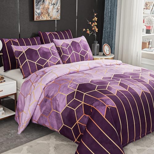 Freyamy Bettwäsche 200x220cm Geometrische Marmor Kariert Wendebettwäsche Violett Lila Microfaser Modern Doppelbett Bettbezug mit Reißverschluss und 2 Kissenbezug 80x80cm von Freyamy