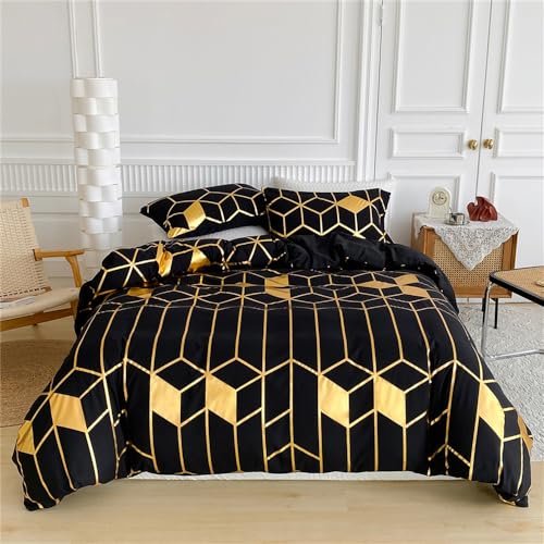 Freyamy Bettwäsche 220x240cm 3teilig Schwarz Gold Geometrisch Glitzermuster Luxus Bettwaren-Sets Gebürstet Mikrofaser Wendebettwäsche Weiche Bettbezug mit Reißverschluss und 2 Kissenbezug 80x80cm von Freyamy