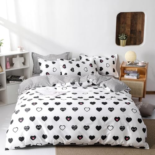 Freyamy Bettwäsche 220x240cm 3teilig Weiß Schwarz Herz Bettwaren-Sets Gebürstet Microfaser Weiche Wendebettwäsche Romantisch Doppelbett Bettbezug mit Reißverschluss und 2 Kissenbezug 80x80cm von Freyamy