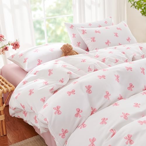 Freyamy Bettwäsche Set 135x200 cm 4tlg Creme Weiß,Rosa Schleife-Muster Elegantes Bettwäsche, Weich Wende Creme Bettwäsche Set für Mädchen,Bettbezug mit Reißverschluss + 1 Kissenbezug 80x80 cm Freyamy Bettwäsche Set 135x200 cm 4tlg Creme Weiß,Rosa Schleife-Muster Elegantes Bettwäsche, Weich Wende Creme Bettwäsche Set für Mädchen,Bettbezug mit Reißverschluss + 1 Kissenbezug 80x80 cm von Freyamy